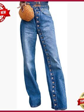 High Waisted Straight Leg Denim Jeans Button Down Boyfriend Fit